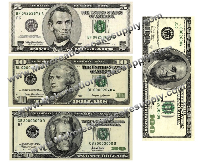 Edible money bills for cakes -$100, $50, $20, $10, $5, $1