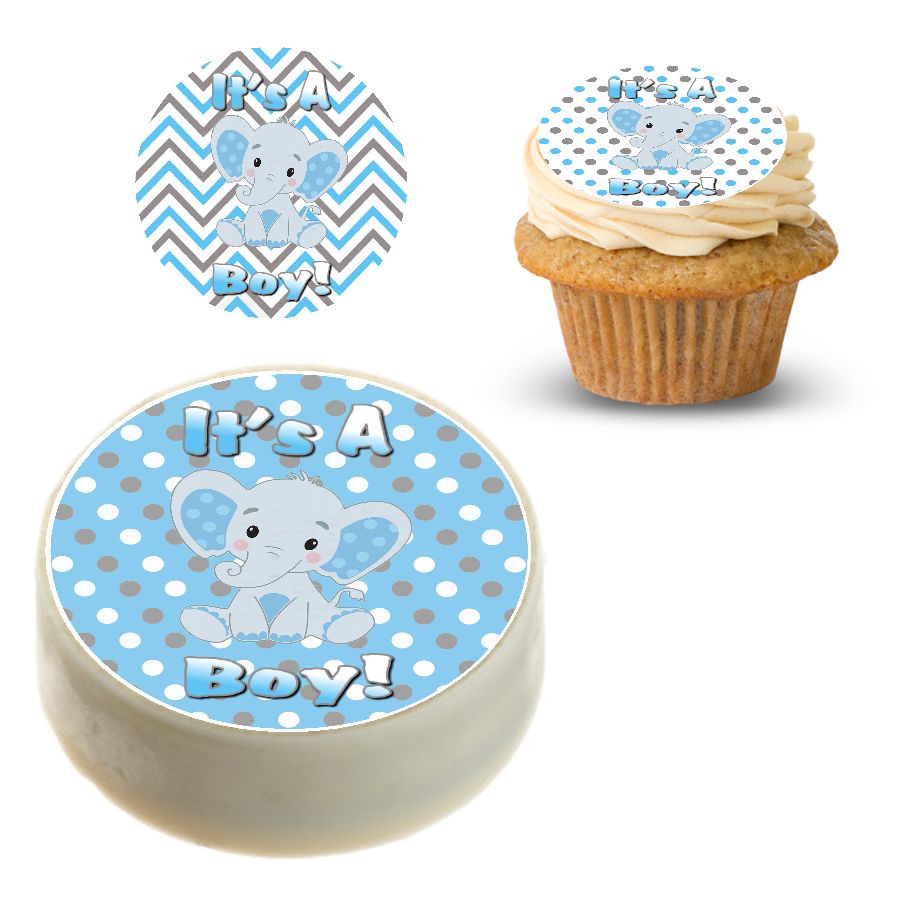 Baby Shower Cupcake Topper Boy Blue Elephant Cute Edible Topper Polka Dot 
